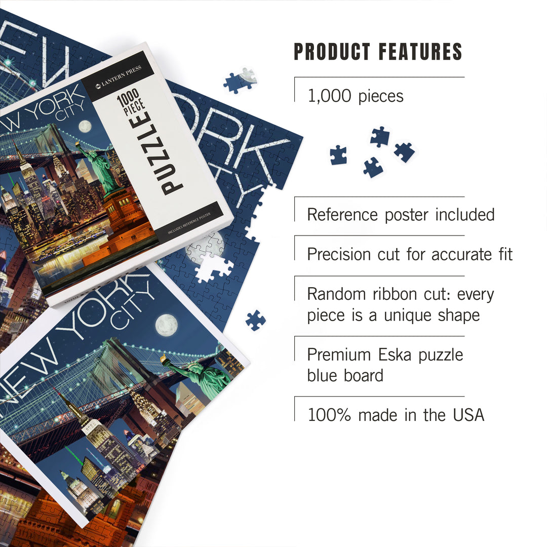New York City, NY, Skyline at Night, Jigsaw Puzzle Puzzle Lantern Press 