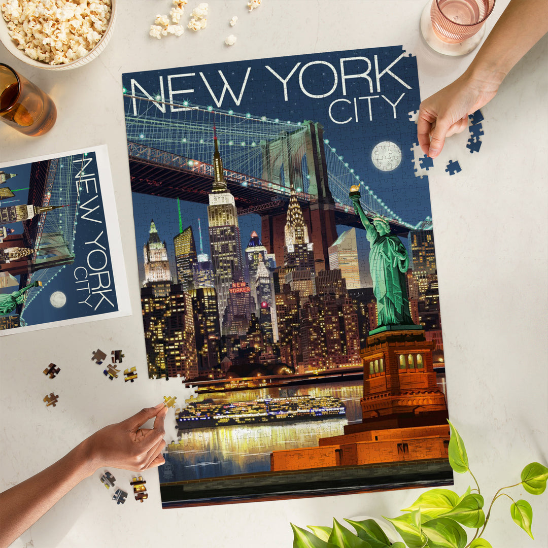 New York City, NY, Skyline at Night, Jigsaw Puzzle Puzzle Lantern Press 