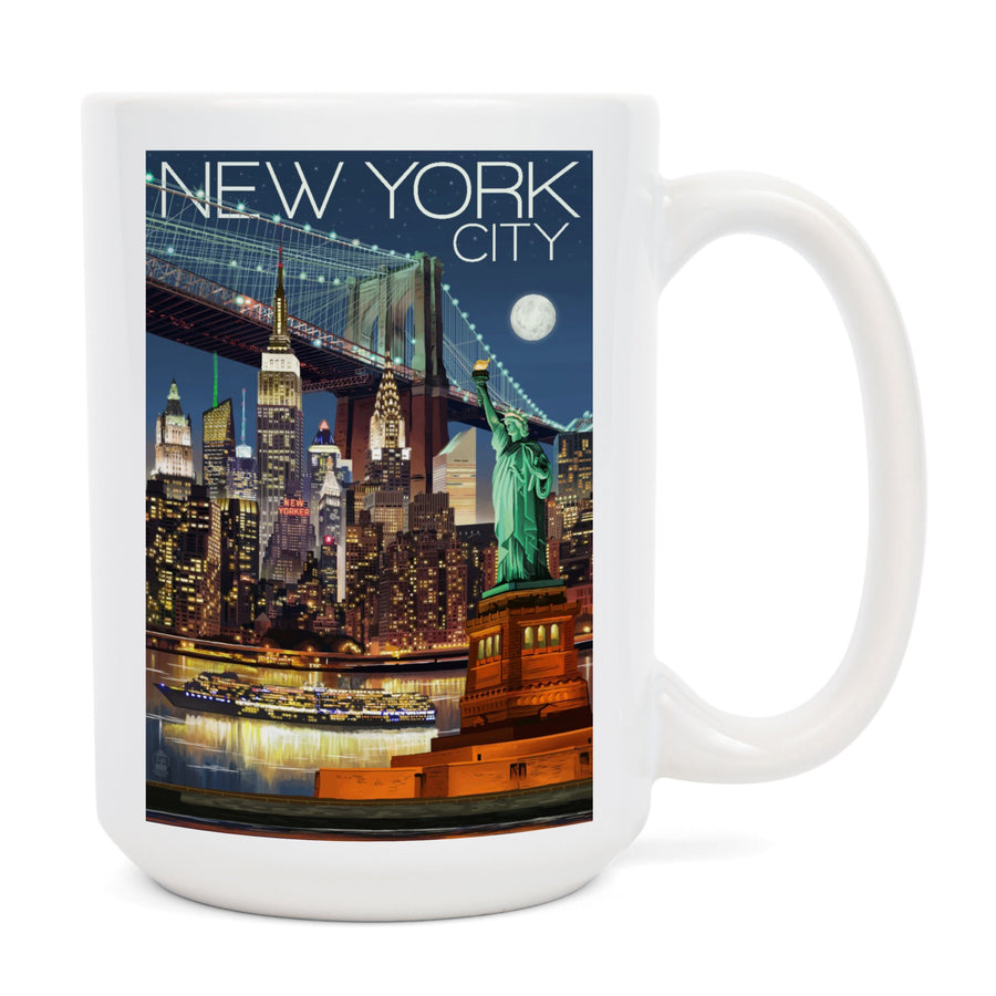 New York City, NY, Skyline at Night, Lantern Press Artwork, Ceramic Mug Mugs Lantern Press 