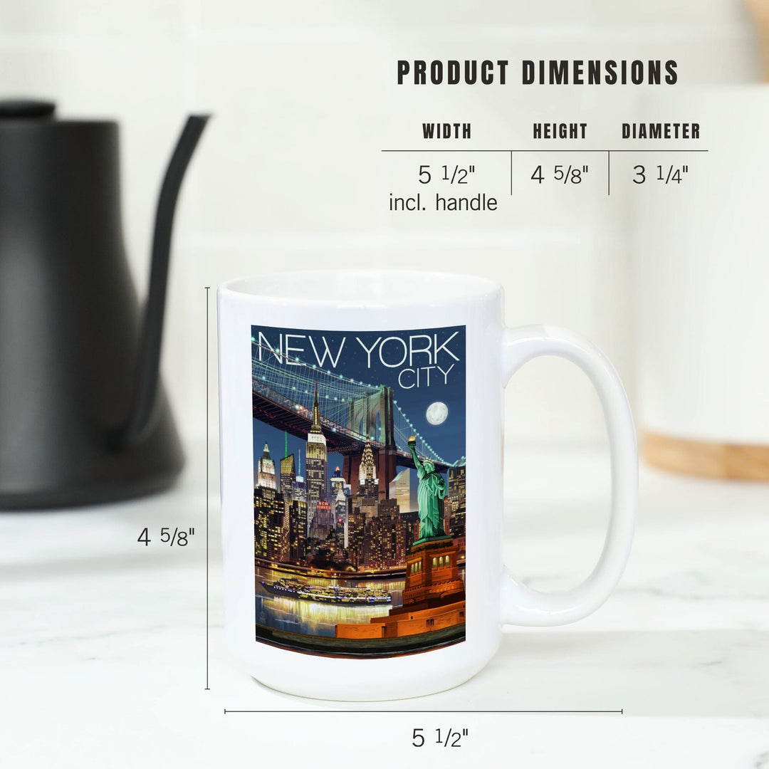 New York City, NY, Skyline at Night, Lantern Press Artwork, Ceramic Mug Mugs Lantern Press 