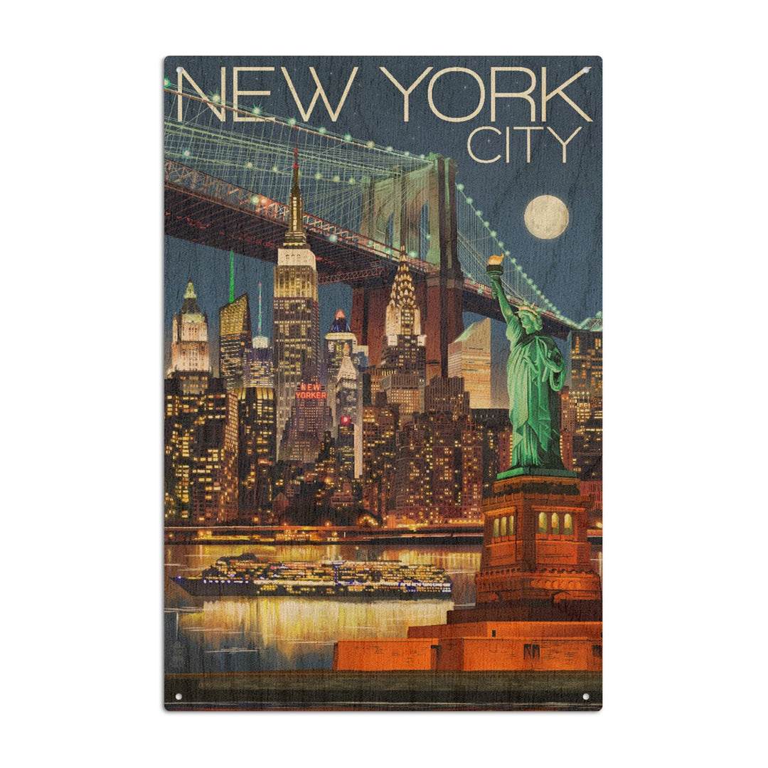 New York City, NY, Skyline at Night, Lantern Press Artwork, Wood Signs and Postcards Wood Lantern Press 10 x 15 Wood Sign 