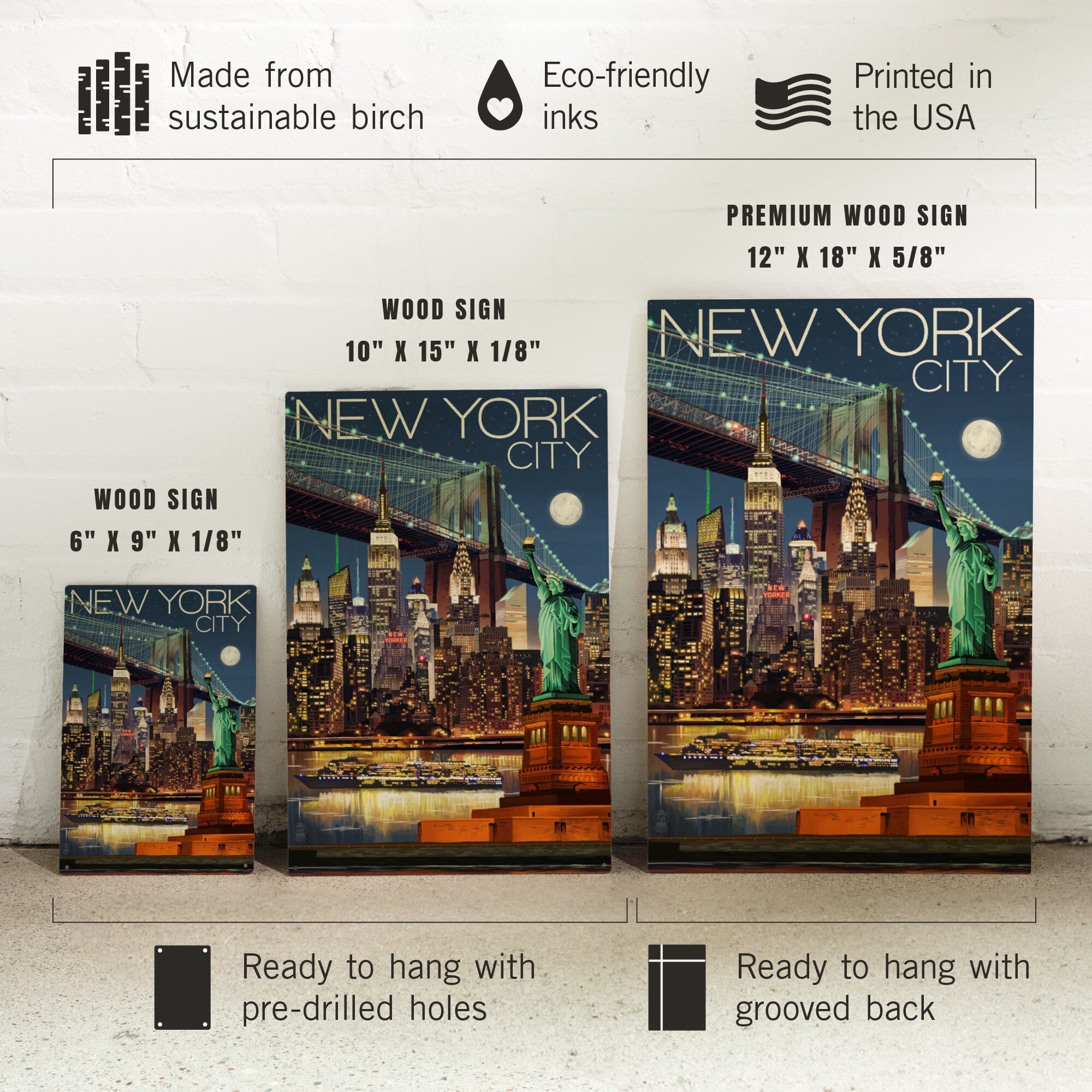 New York City, NY, Skyline at Night, Lantern Press Artwork