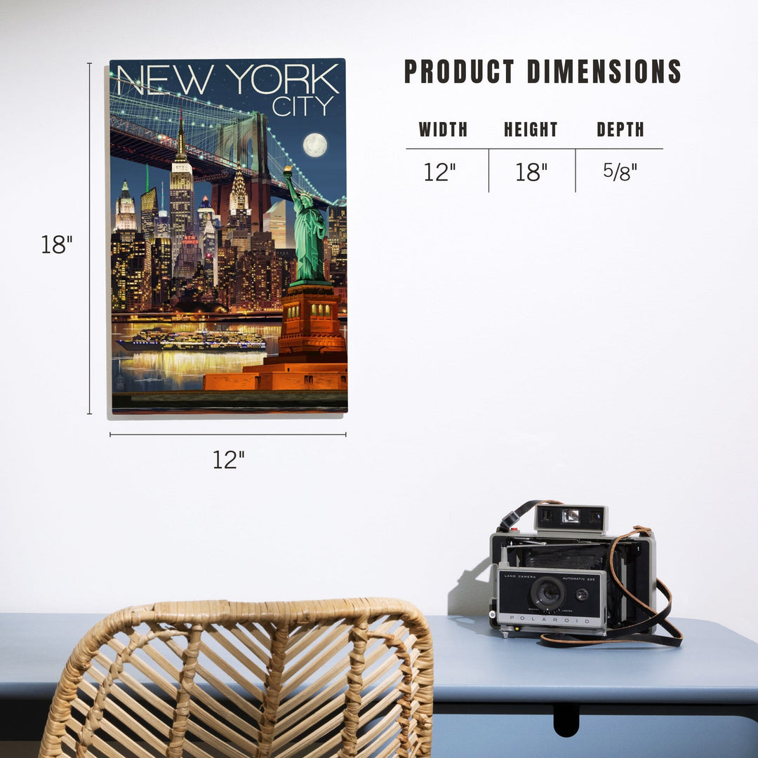 New York City, NY, Skyline at Night, Lantern Press Artwork, Wood Signs and Postcards Wood Lantern Press 