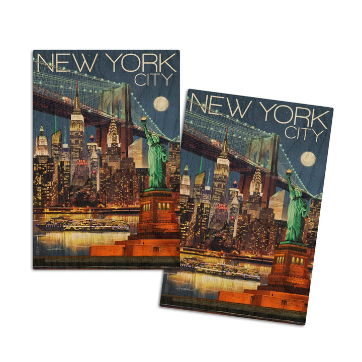 New York City, NY, Skyline at Night, Lantern Press Artwork, Wood Signs and Postcards Wood Lantern Press 4x6 Wood Postcard Set 
