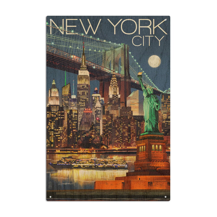 New York City, NY, Skyline at Night, Lantern Press Artwork, Wood Signs and Postcards Wood Lantern Press 6x9 Wood Sign 