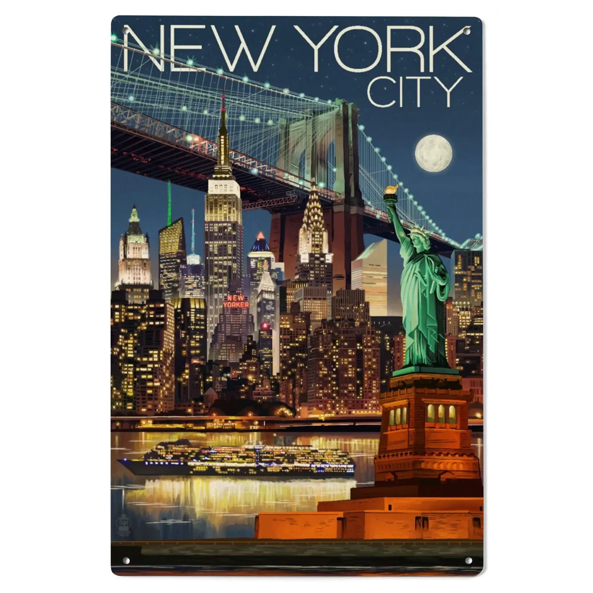 New York City, NY, Skyline at Night, Lantern Press Artwork wood