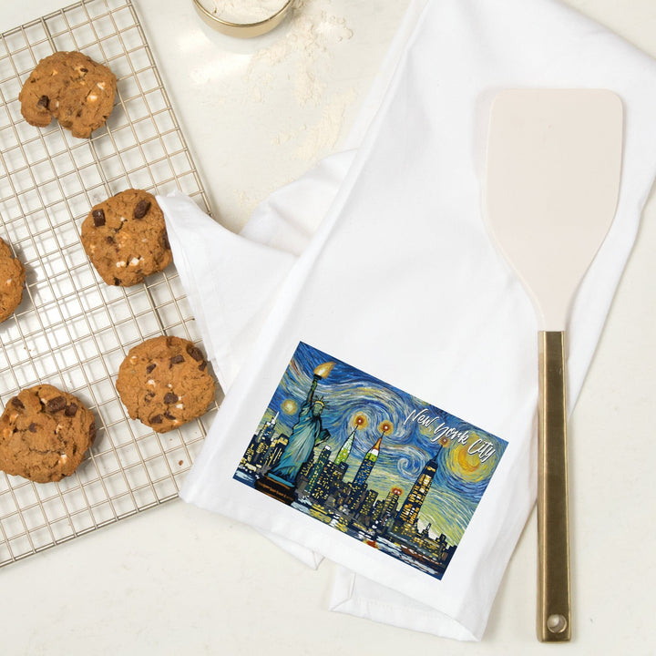 New York City, Statue of Liberty, Starry Night City Series, Organic Cotton Kitchen Tea Towels Kitchen Lantern Press 