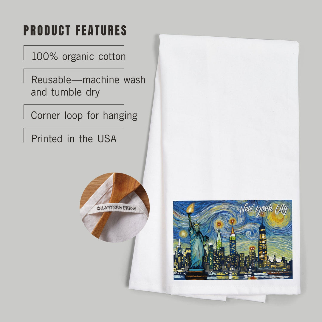 New York City, Statue of Liberty, Starry Night City Series, Organic Cotton Kitchen Tea Towels Kitchen Lantern Press 