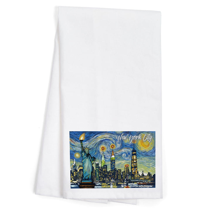 New York City, Statue of Liberty, Starry Night City Series, Organic Cotton Kitchen Tea Towels Kitchen Lantern Press 