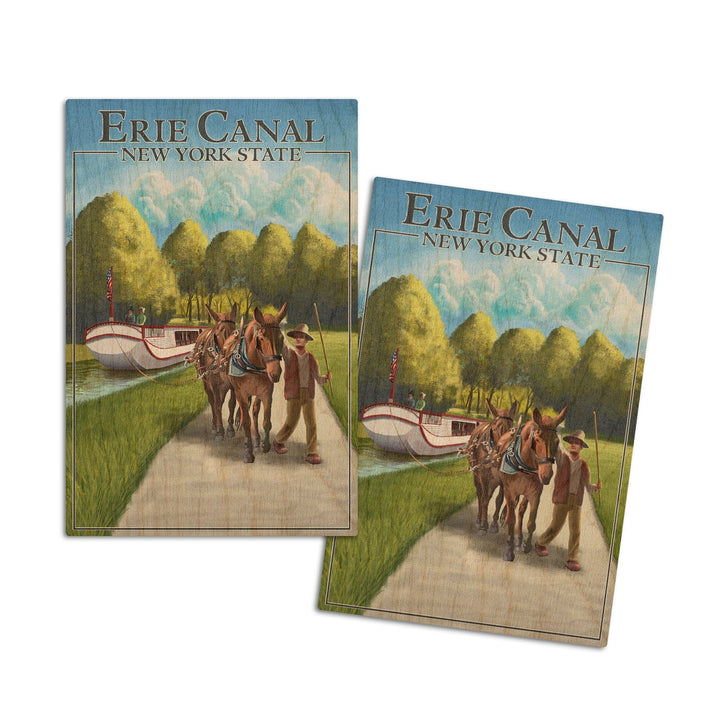 New York, Erie Canal & Horses, Lantern Press Artwork, Wood Signs and Postcards Wood Lantern Press 4x6 Wood Postcard Set 