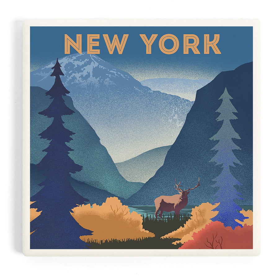 New York, Lithograph, Elk and Mountains Scene, Coasters Coasters Lantern Press 
