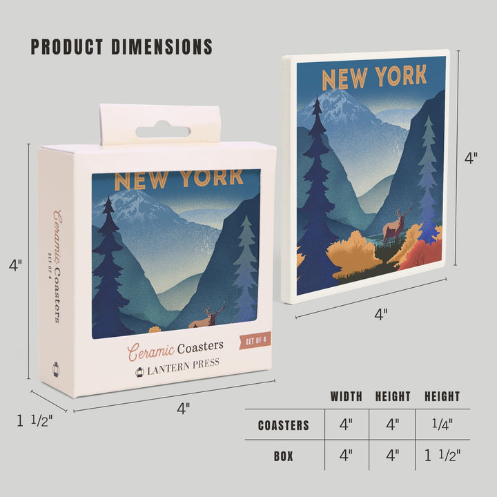 New York, Lithograph, Elk and Mountains Scene, Coasters Coasters Lantern Press 