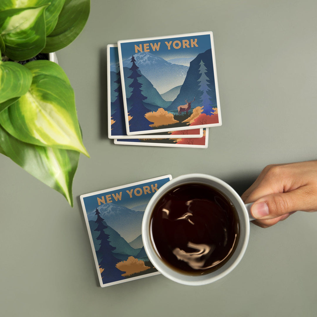 New York, Lithograph, Elk and Mountains Scene, Coasters Coasters Lantern Press 