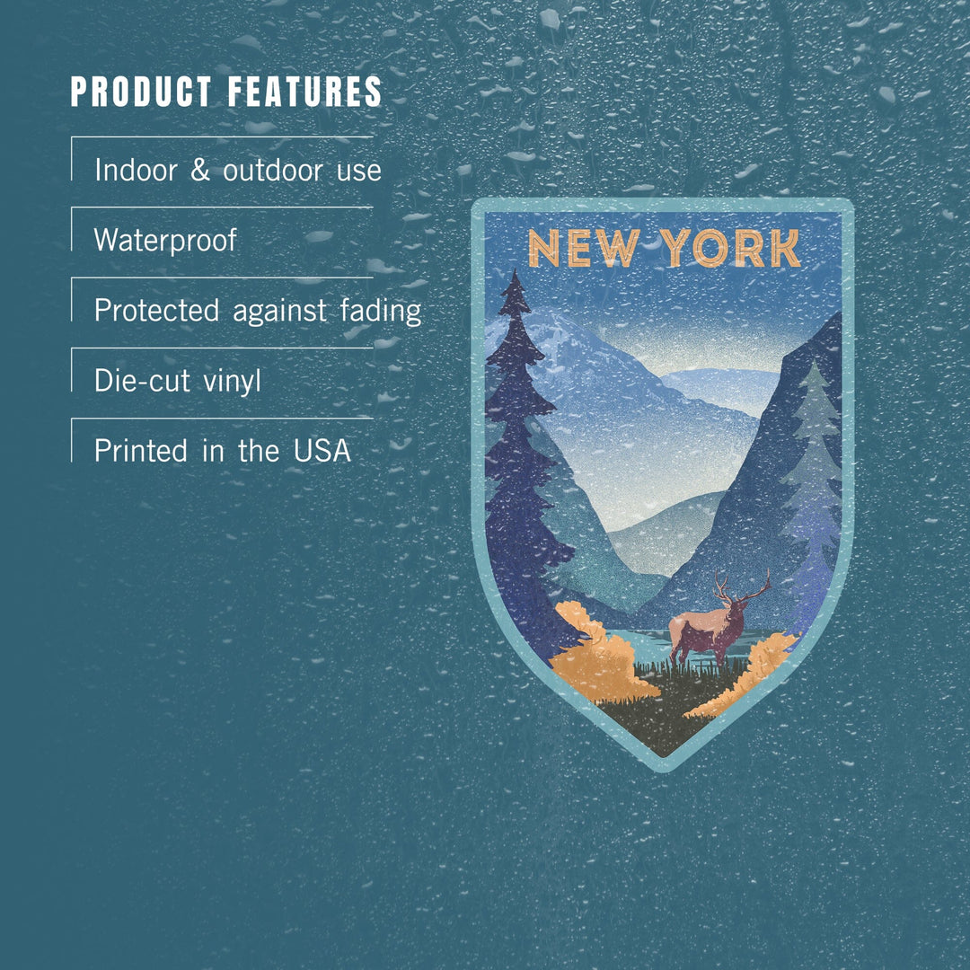 New York, Lithograph, Elk and Mountains Scene, Contour, Vinyl Sticker Sticker Lantern Press 