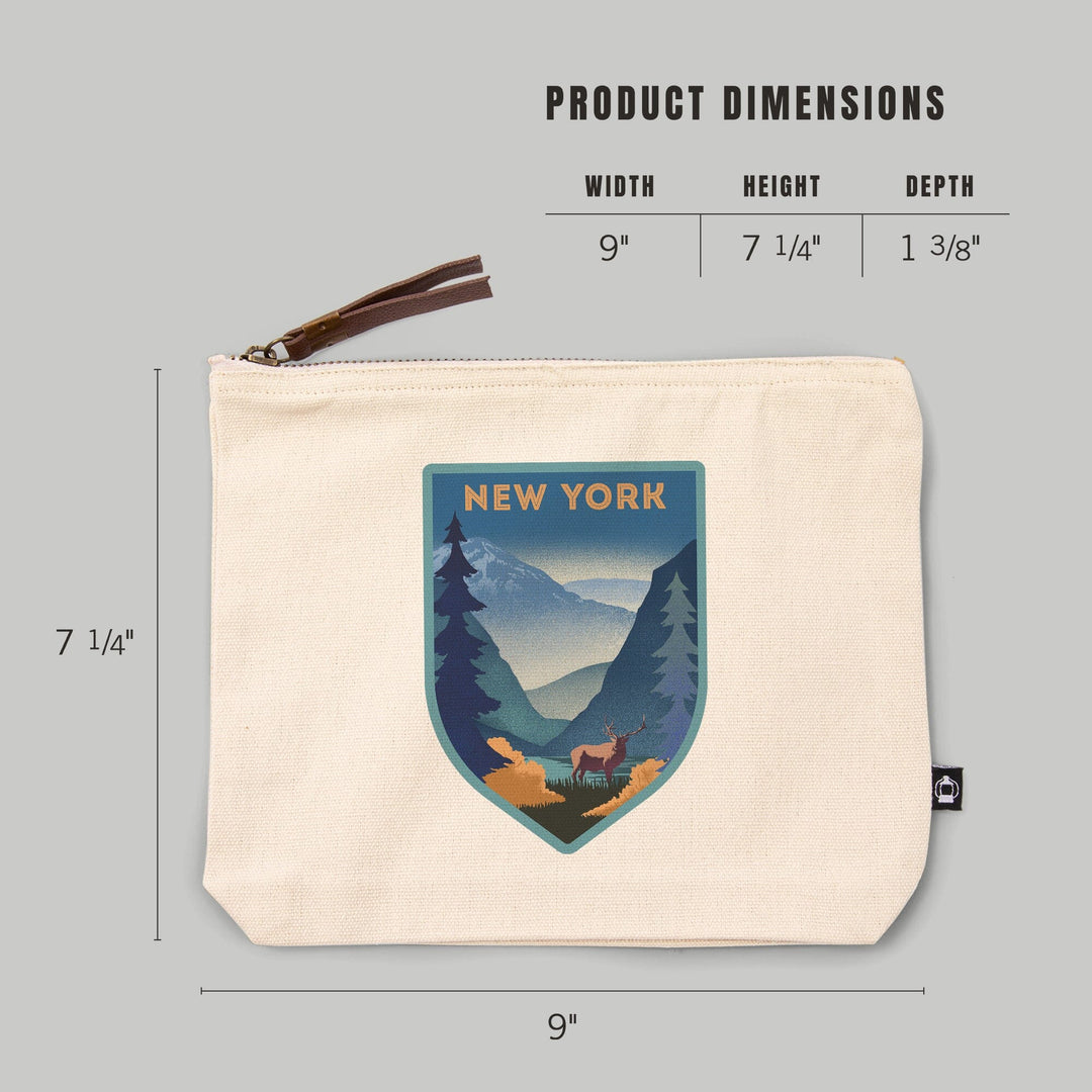 New York, Lithograph, Elk and Mountains Scene,, Organic Cotton Zipper Pouch, Go Bag Go Bag Lantern Press 