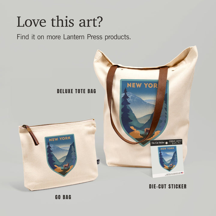 New York, Lithograph, Elk and Mountains Scene,, Organic Cotton Zipper Pouch, Go Bag Go Bag Lantern Press 