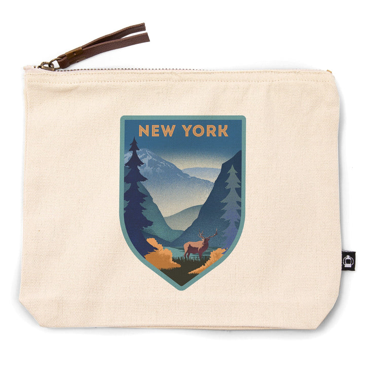 New York, Lithograph, Elk and Mountains Scene,, Organic Cotton Zipper Pouch, Go Bag Go Bag Lantern Press 