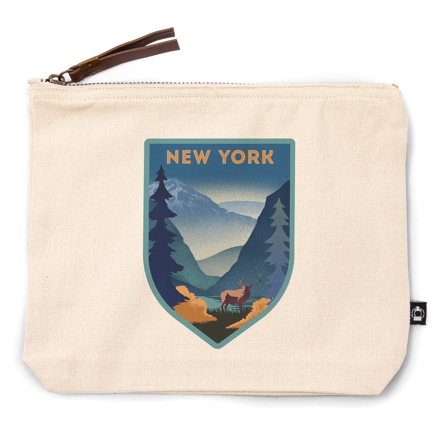 New York, Lithograph, Elk and Mountains Scene,, Organic Cotton Zipper Pouch, Go Bag Go Bag Lantern Press 