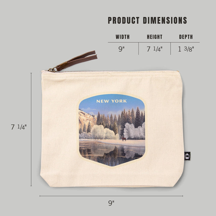 New York, Lithograph, Lone Deer By Snowy Lake, Organic Cotton Zipper Pouch, Go Bag Go Bag Lantern Press 