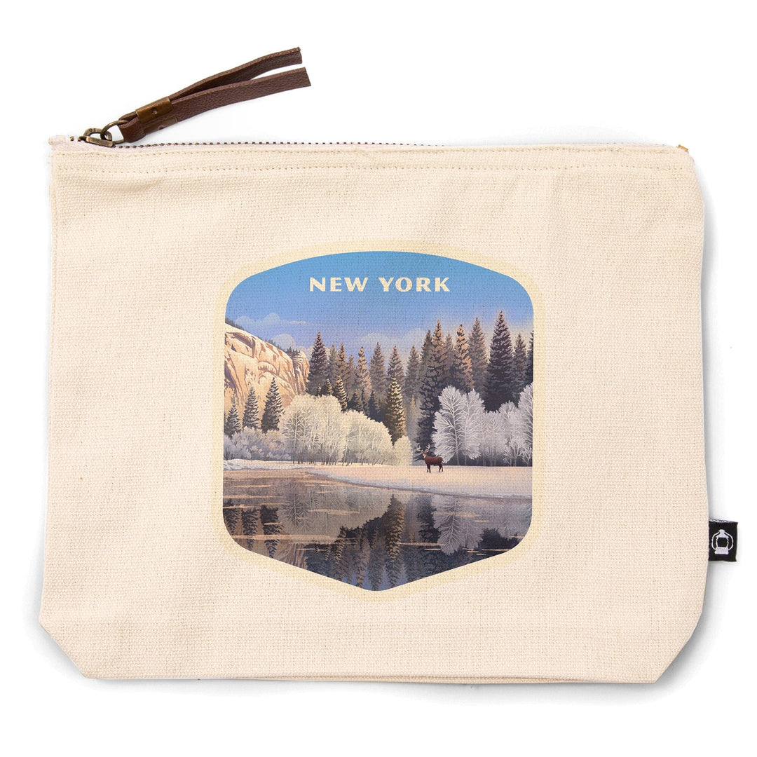 New York, Lithograph, Lone Deer By Snowy Lake, Organic Cotton Zipper Pouch, Go Bag Go Bag Lantern Press 