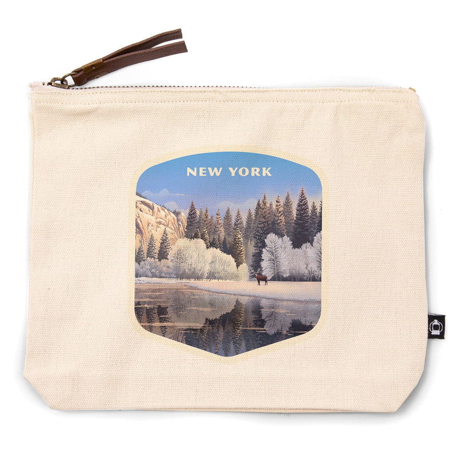 New York, Lithograph, Lone Deer By Snowy Lake, Organic Cotton Zipper Pouch, Go Bag Go Bag Lantern Press 
