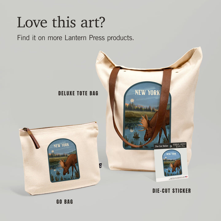 New York, Lithograph, Reflection Pond and Bull Moose, Contour, Vinyl Sticker Sticker Lantern Press 