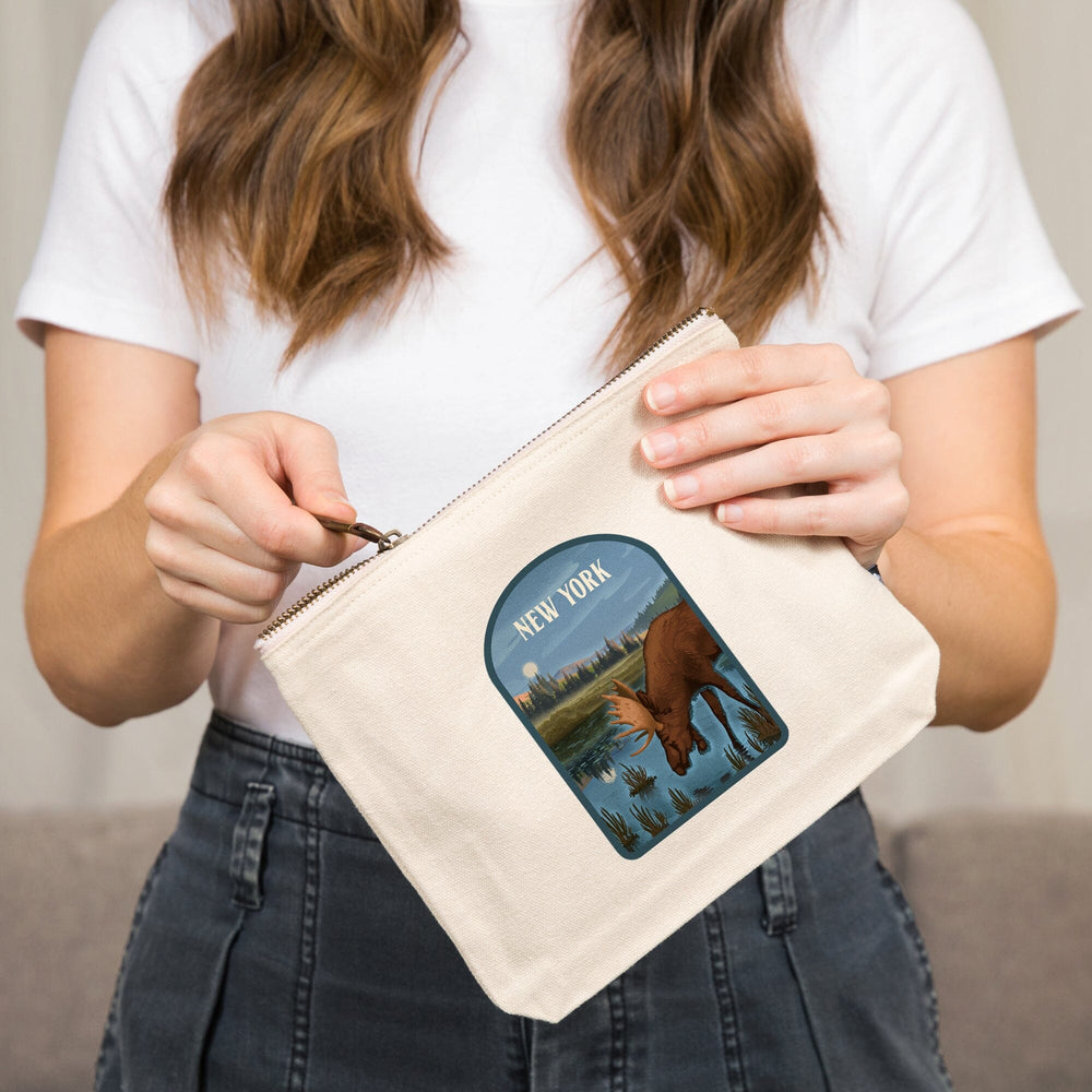 New York, Lithograph, Reflection Pond and Bull Moose,, Organic Cotton Zipper Pouch, Go Bag Go Bag Lantern Press 