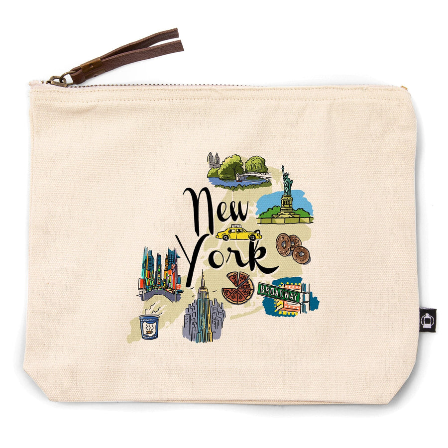 New York, New York, Landmarks and Icons,, Organic Cotton Zipper Pouch, Go Bag Go Bag Lantern Press 