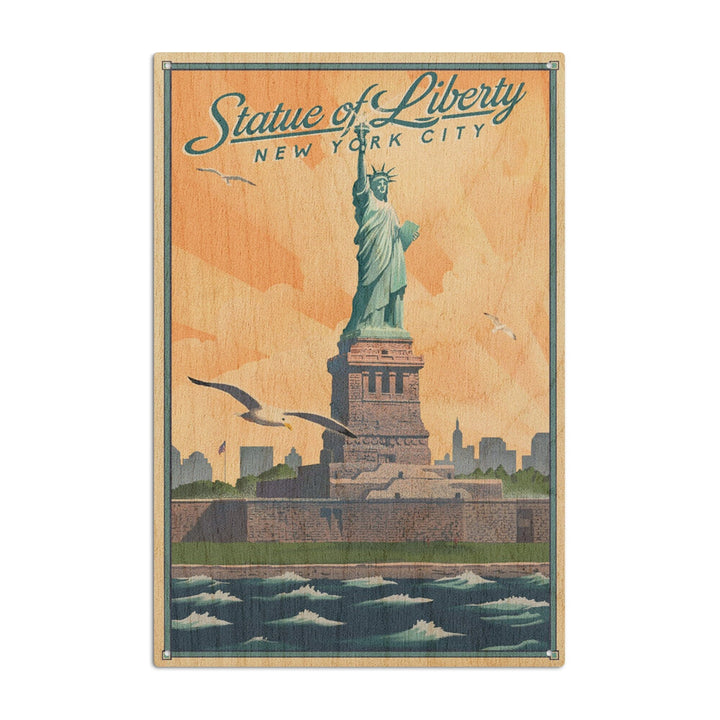 New York, New York, Statue of Liberty, Litho, Lantern Press Artwork, Wood Signs and Postcards Wood Lantern Press 10 x 15 Wood Sign 