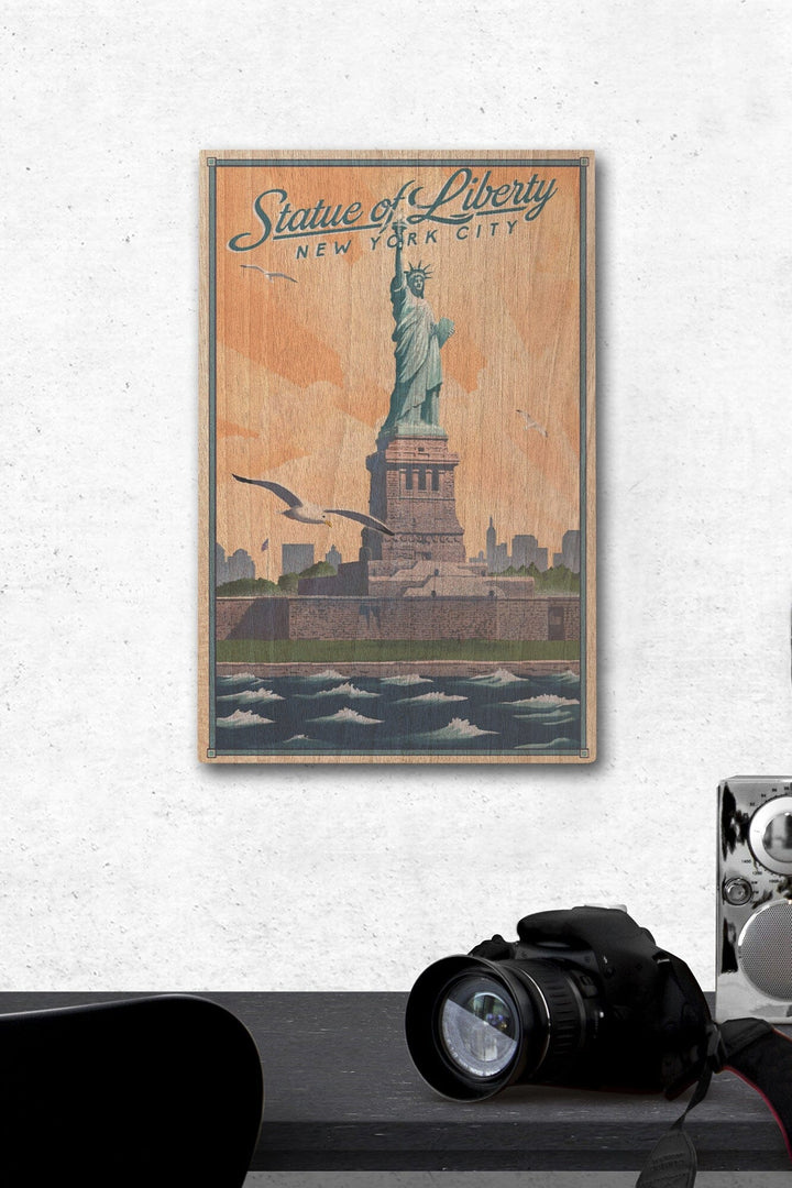 New York, New York, Statue of Liberty, Litho, Lantern Press Artwork, Wood Signs and Postcards Wood Lantern Press 12 x 18 Wood Gallery Print 
