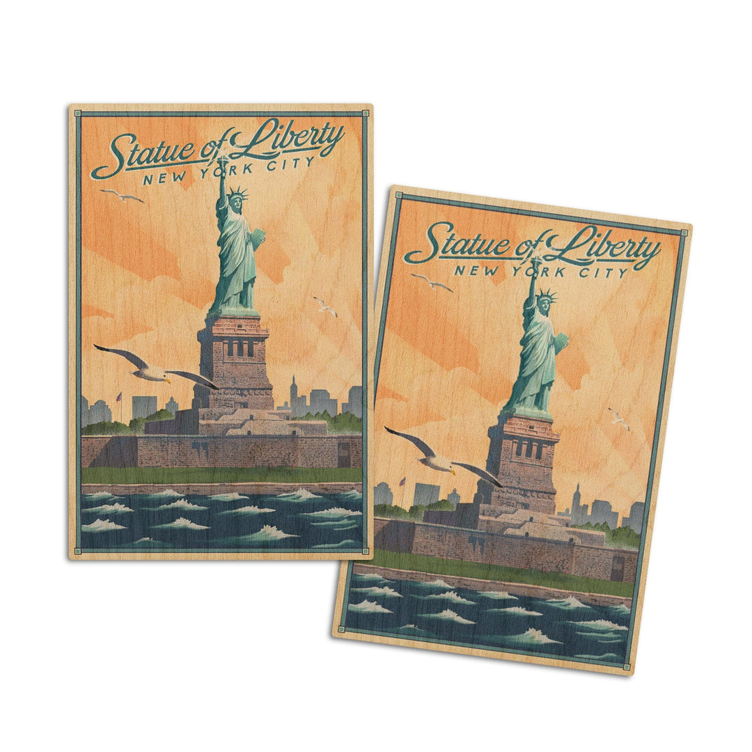 New York, New York, Statue of Liberty, Litho, Lantern Press Artwork, Wood Signs and Postcards Wood Lantern Press 4x6 Wood Postcard Set 