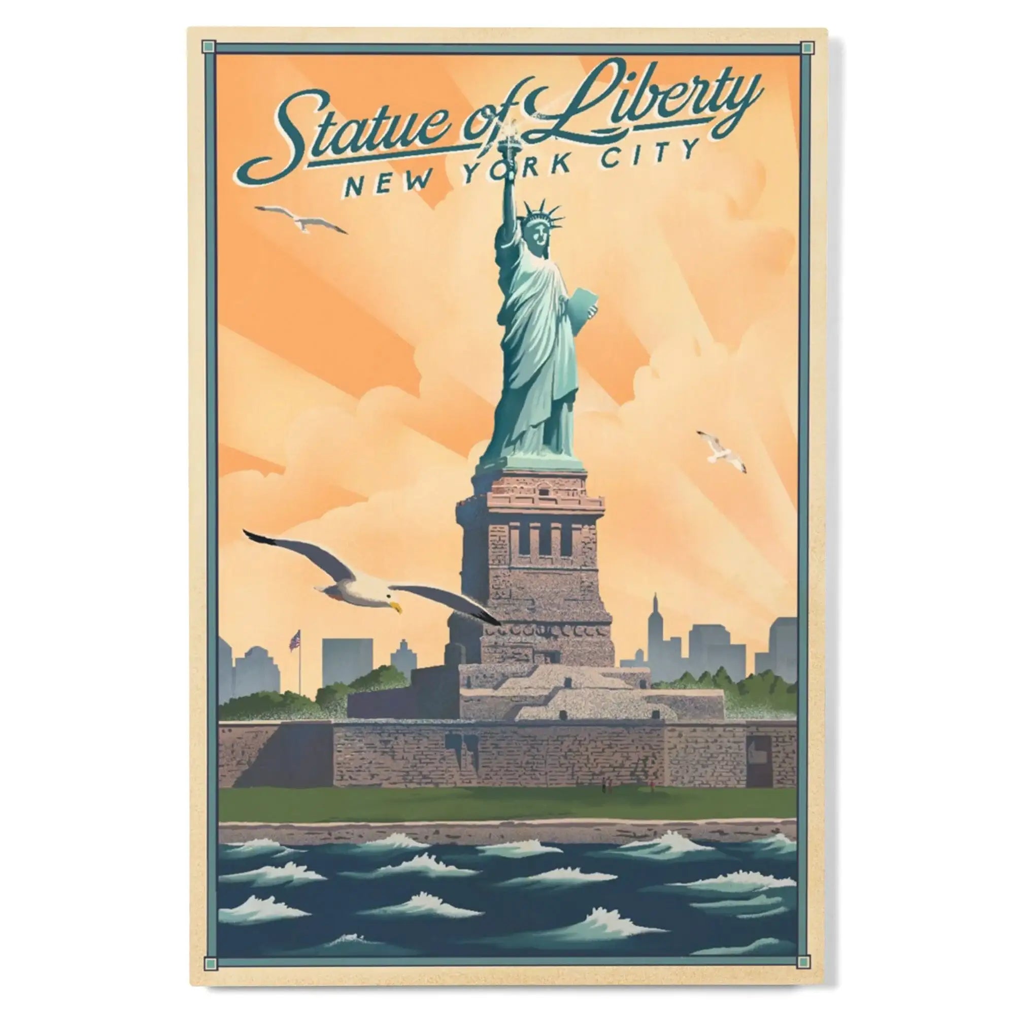 □Lindnerリンドナー□陶板画□木製額装□３枚セット□ New York, New York, Statue of Liberty, Litho, Lantern Press