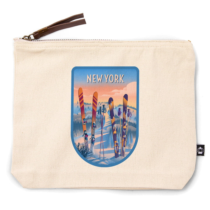New York, Prepare for Takeoff, Skis in Snowbank,, Organic Cotton Zipper Pouch, Go Bag Go Bag Lantern Press 