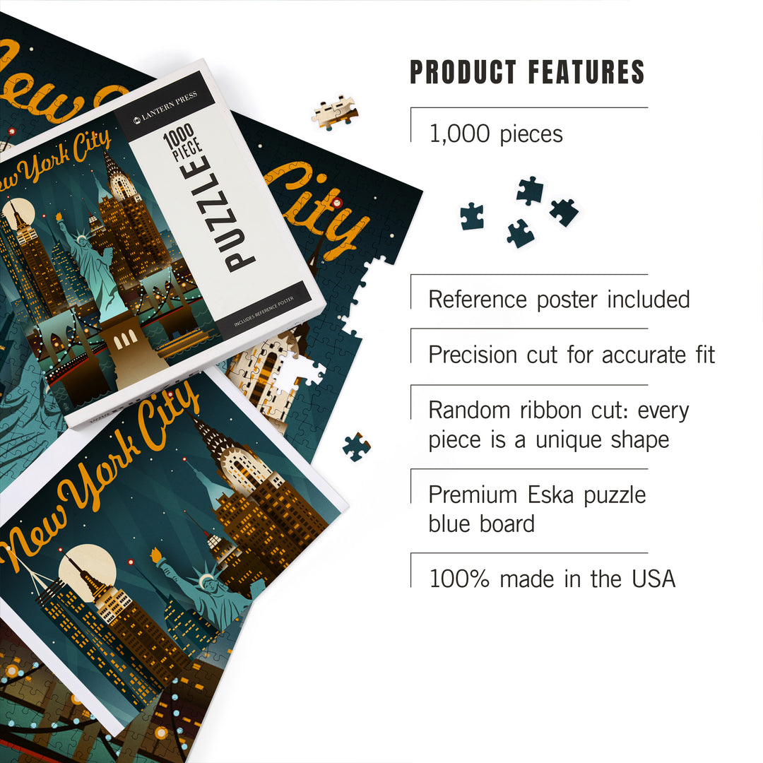 New York, Retro Skyline, Jigsaw Puzzle Puzzle Lantern Press 