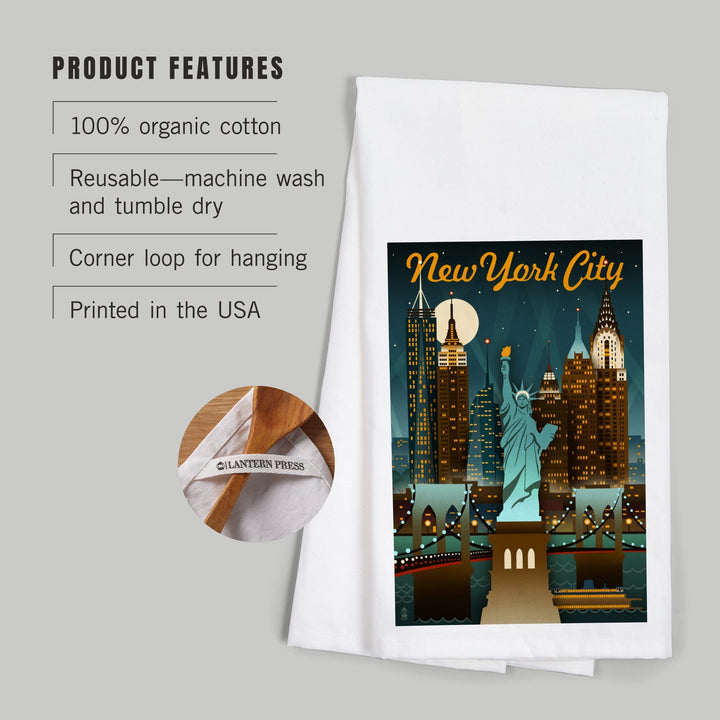 New York, Retro Skyline, Organic Cotton Kitchen Tea Towels Kitchen Lantern Press 