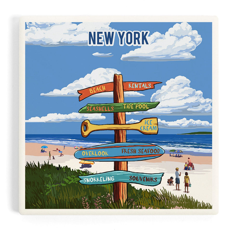 New York, Signpost, Coast Beach with Umbrellas, Coasters Coasters Lantern Press 