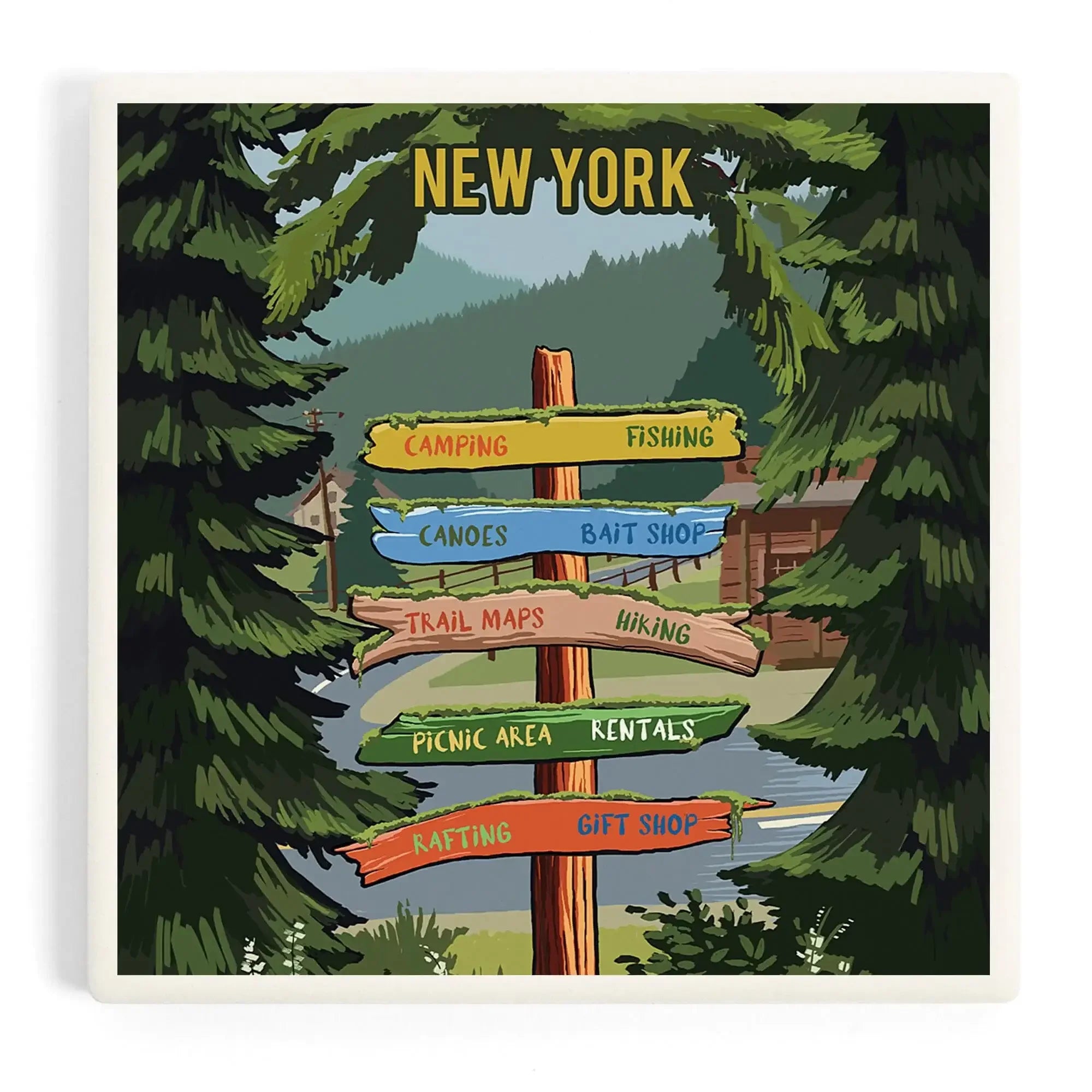 New York, Signpost, Forest and Camp ceramic coaster set – Lantern Press