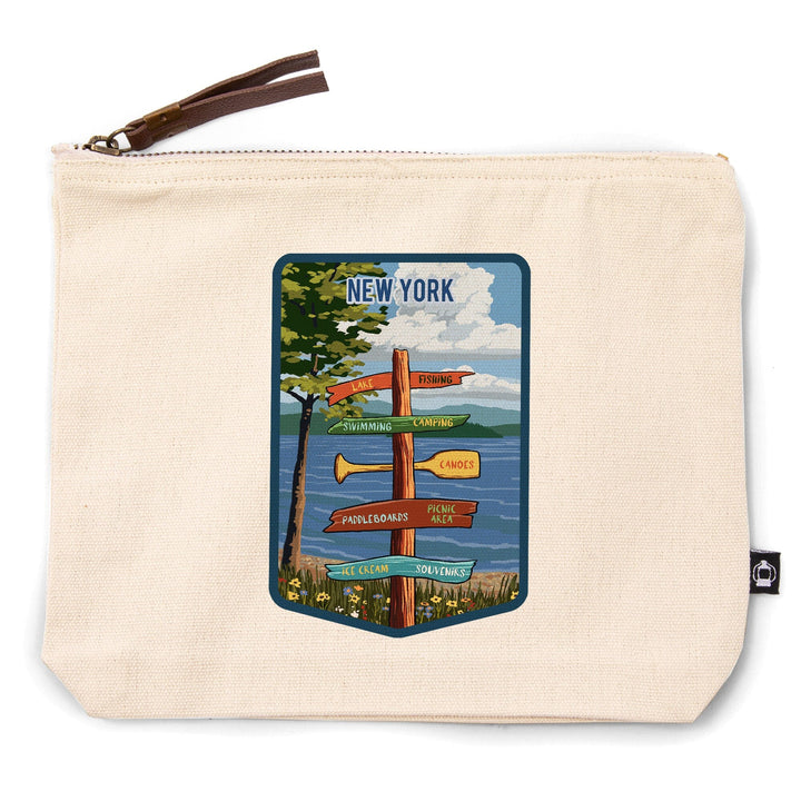 New York, Signpost, Lake and Flowers, Organic Cotton Zipper Pouch, Go Bag Go Bag Lantern Press 