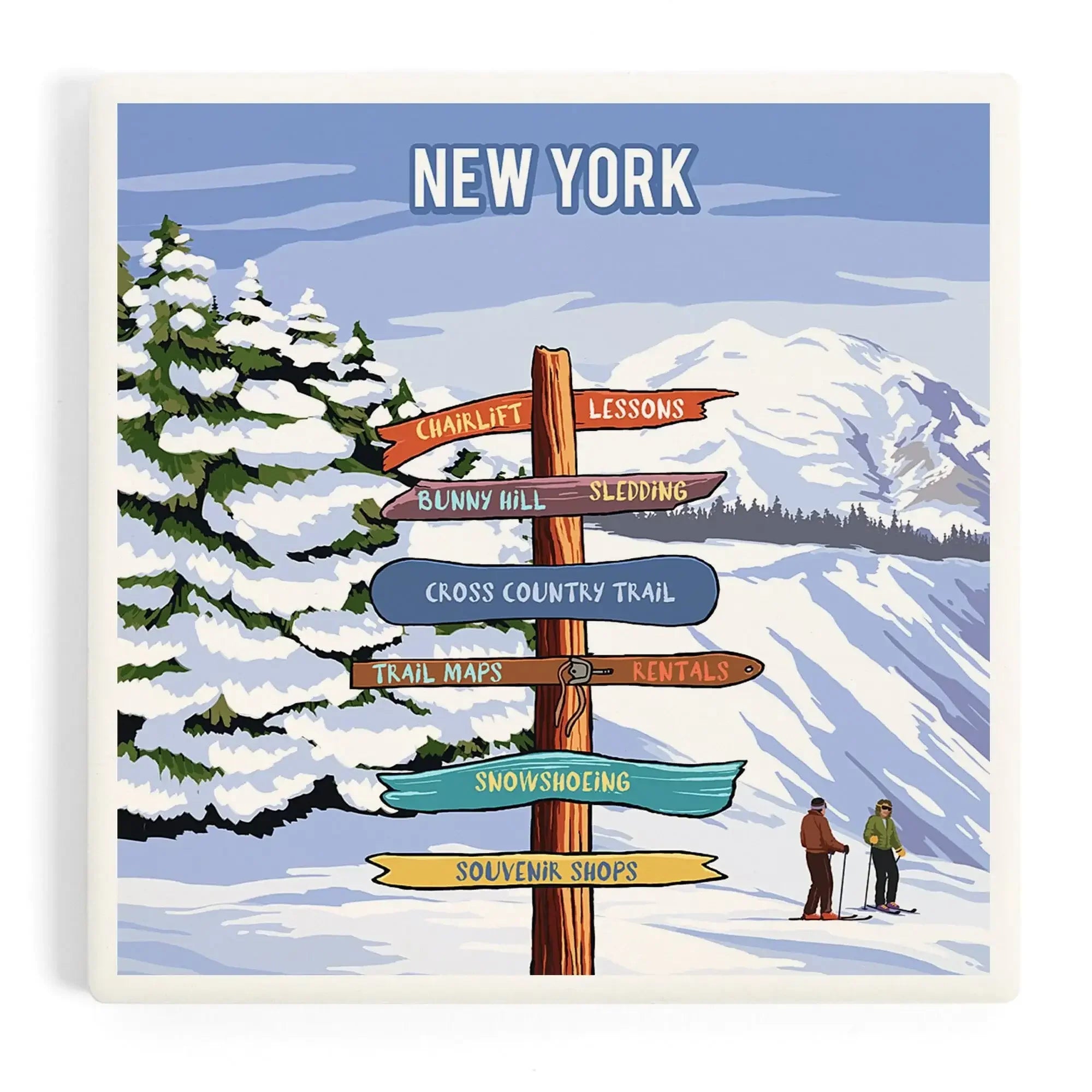 New York, Signpost, Ski and Snow ceramic coaster set – Lantern Press