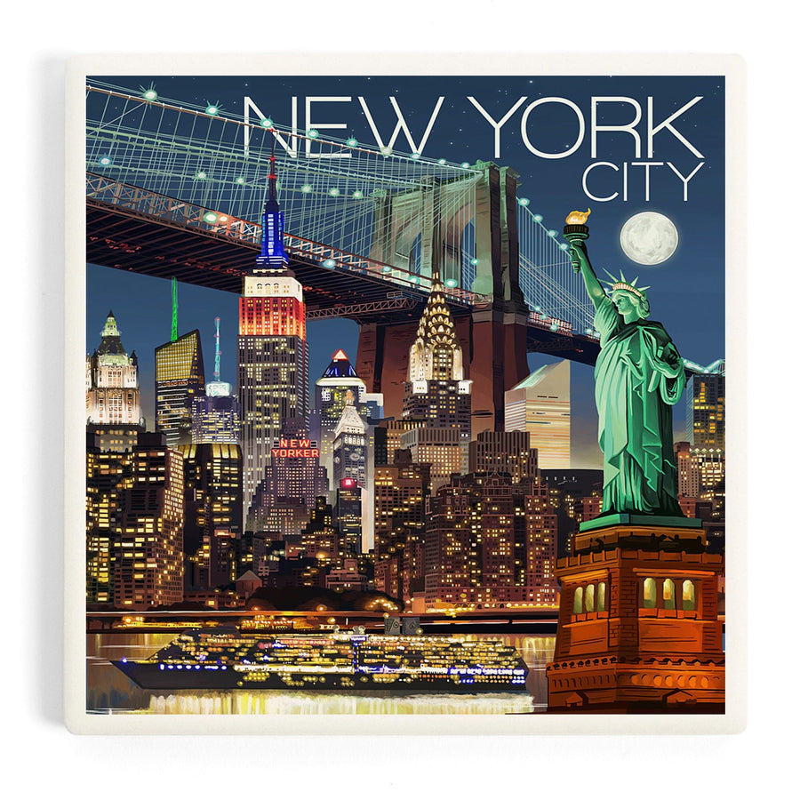 New York, Skyline at Night, Coasters Coasters Lantern Press 