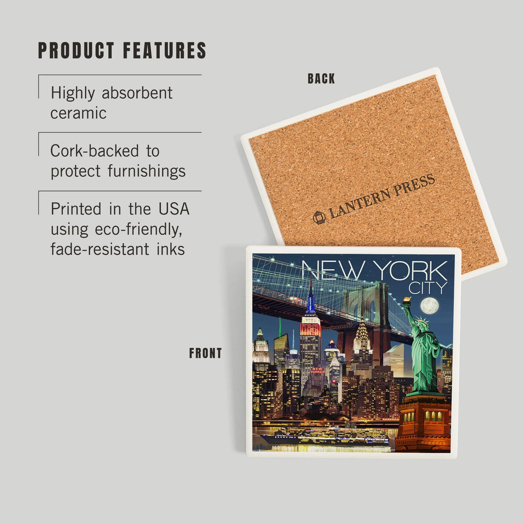 New York, Skyline at Night, Coasters Coasters Lantern Press 