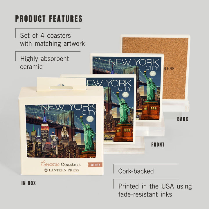 New York, Skyline at Night, Coasters Coasters Lantern Press 