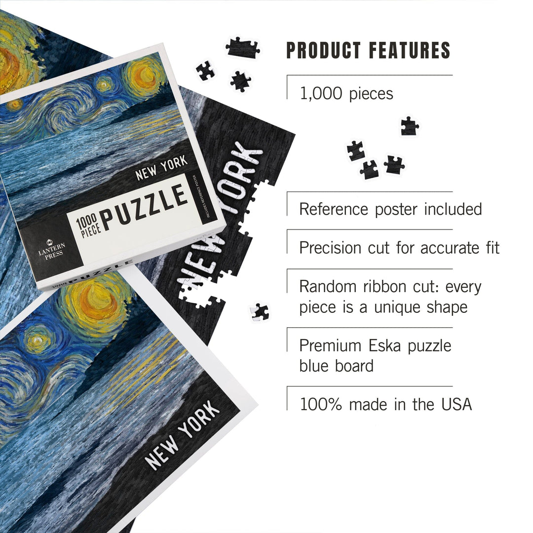 New York, Starry Night, Coastline, Jigsaw Puzzle Puzzle Lantern Press 