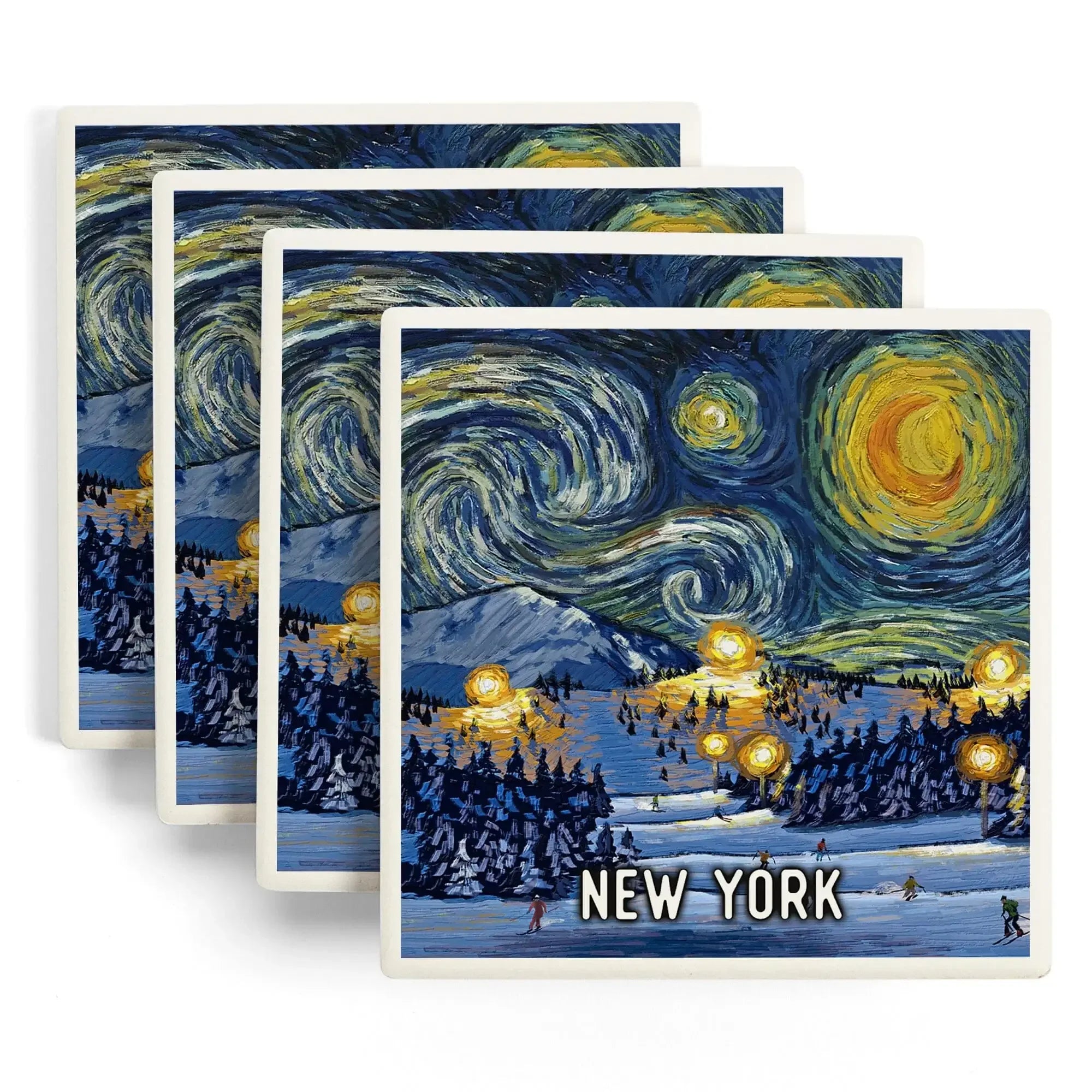 New York, Starry Night, Ski ceramic coaster set – Lantern Press