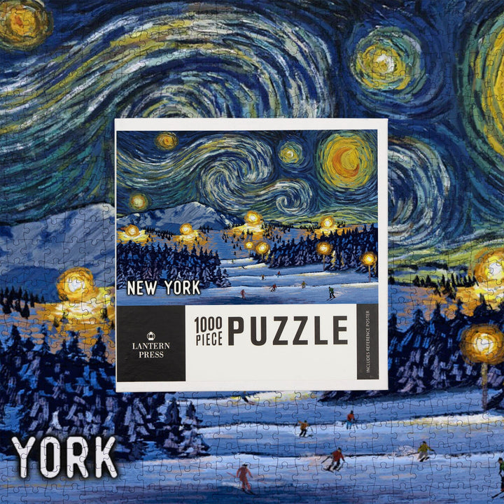 New York, Starry Night, Ski, Jigsaw Puzzle Puzzle Lantern Press 