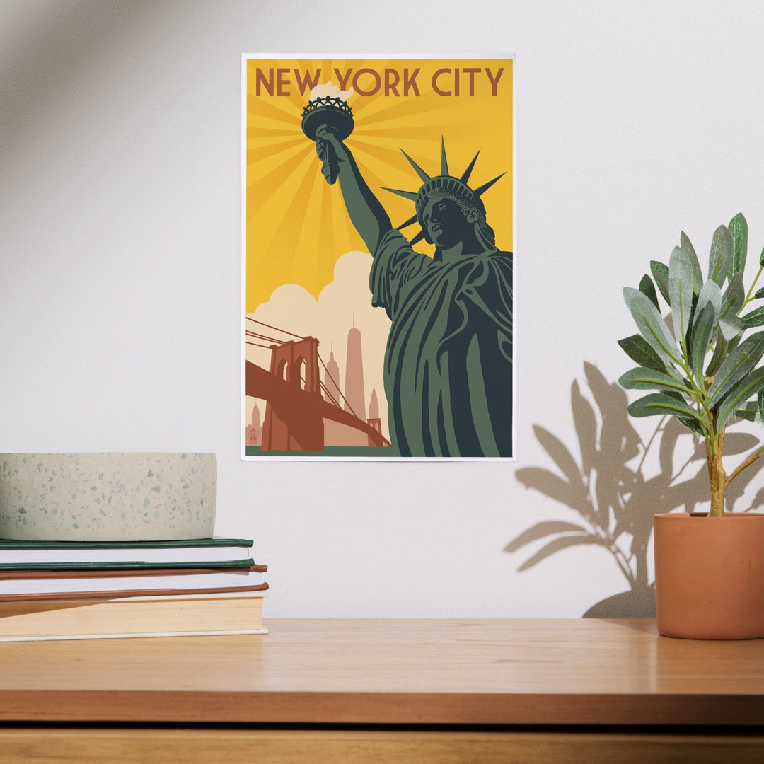 New York, Statue of Liberty and Bridge, Art & Giclee Prints Art Lantern Press 