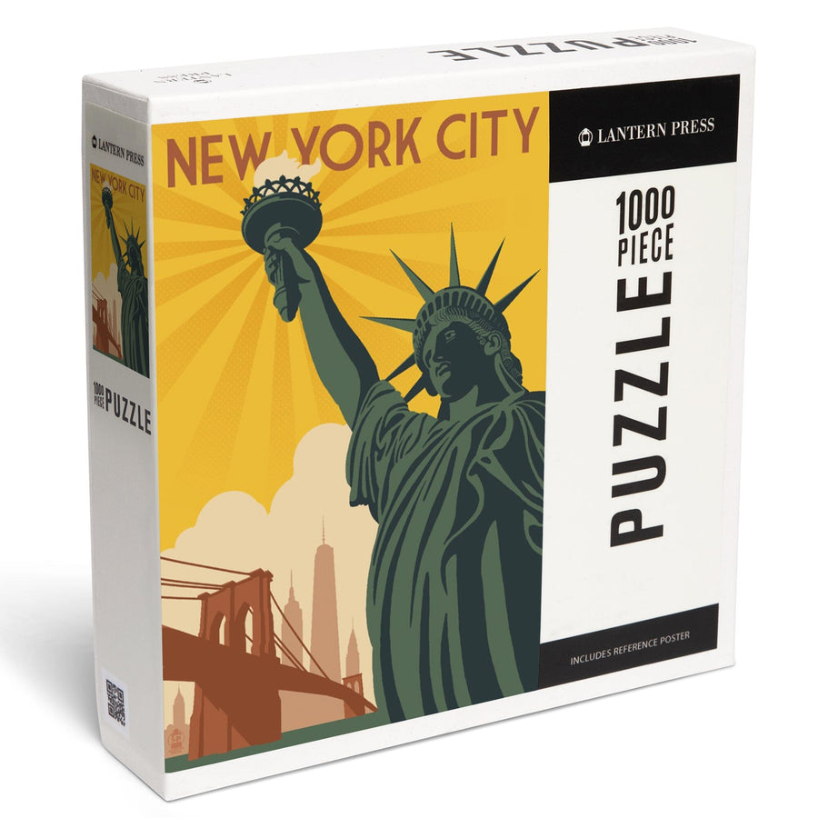 New York, Statue of Liberty and Bridge, Jigsaw Puzzle Puzzle Lantern Press 