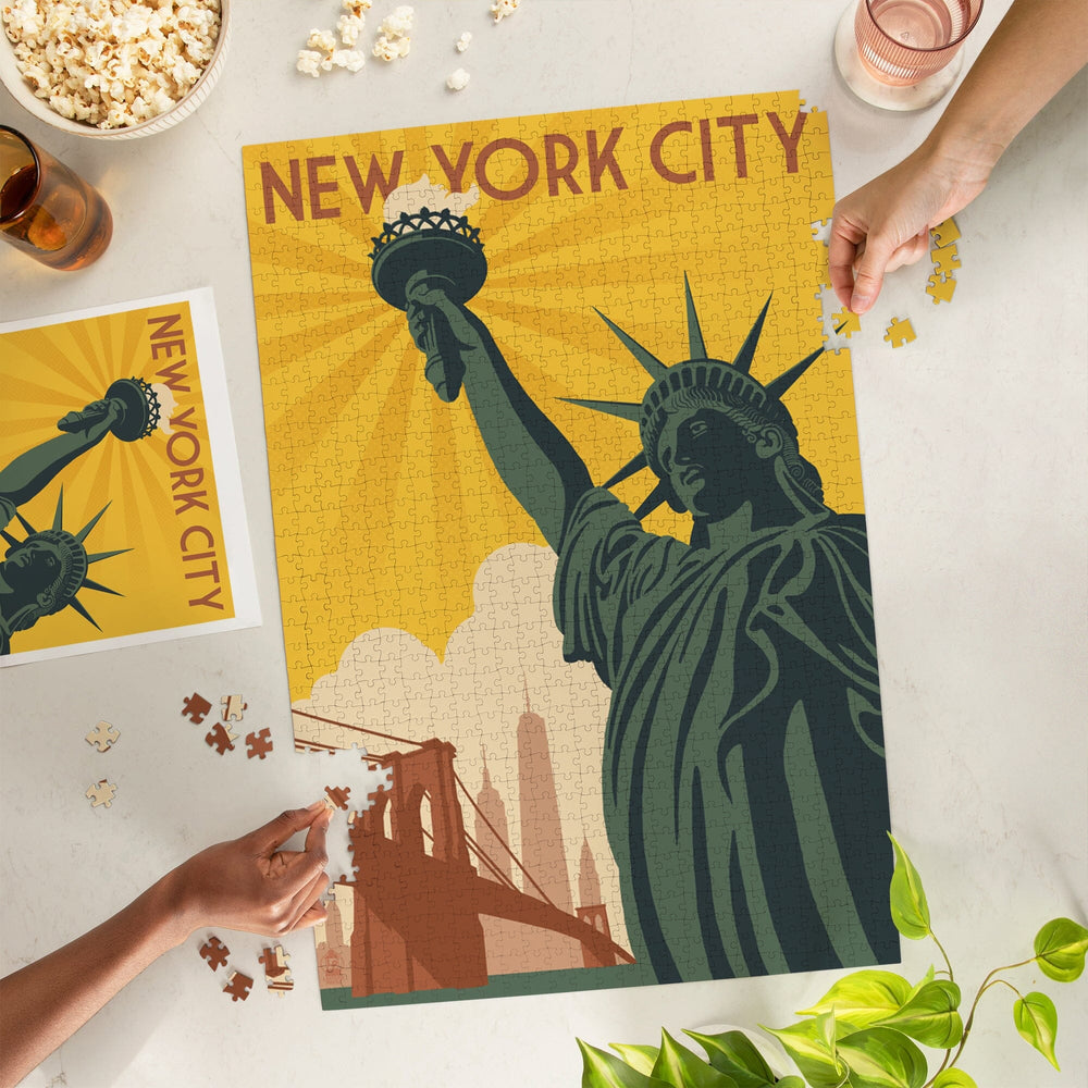 New York, Statue of Liberty and Bridge, Jigsaw Puzzle Puzzle Lantern Press 