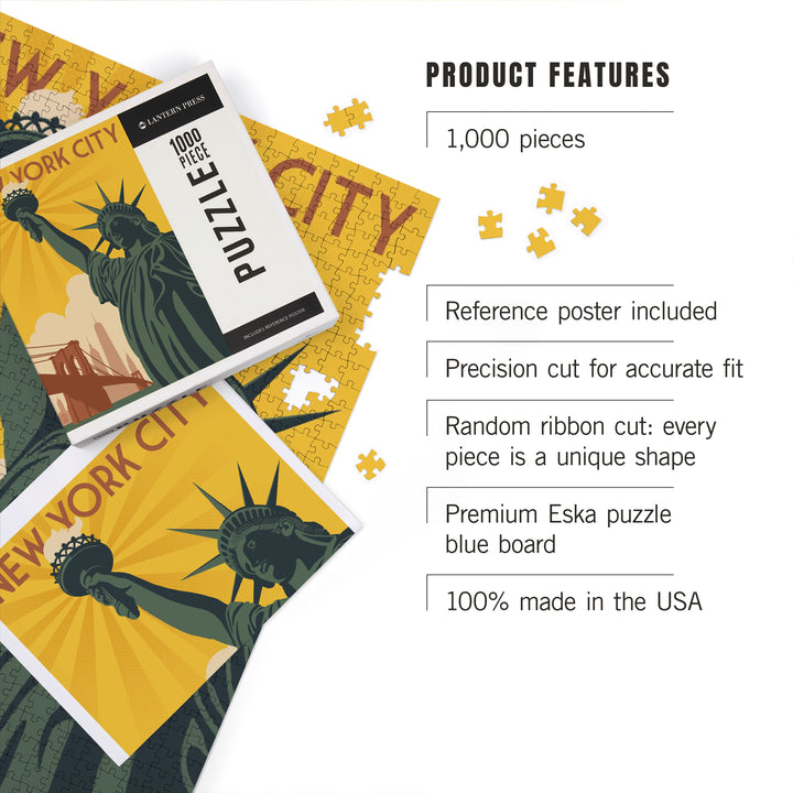 New York, Statue of Liberty and Bridge, Jigsaw Puzzle Puzzle Lantern Press 