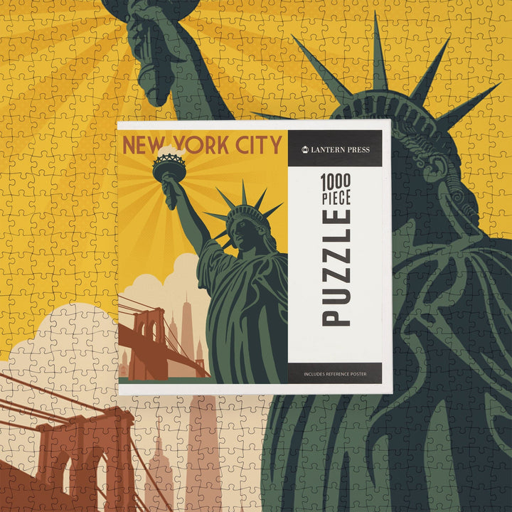 New York, Statue of Liberty and Bridge, Jigsaw Puzzle Puzzle Lantern Press 